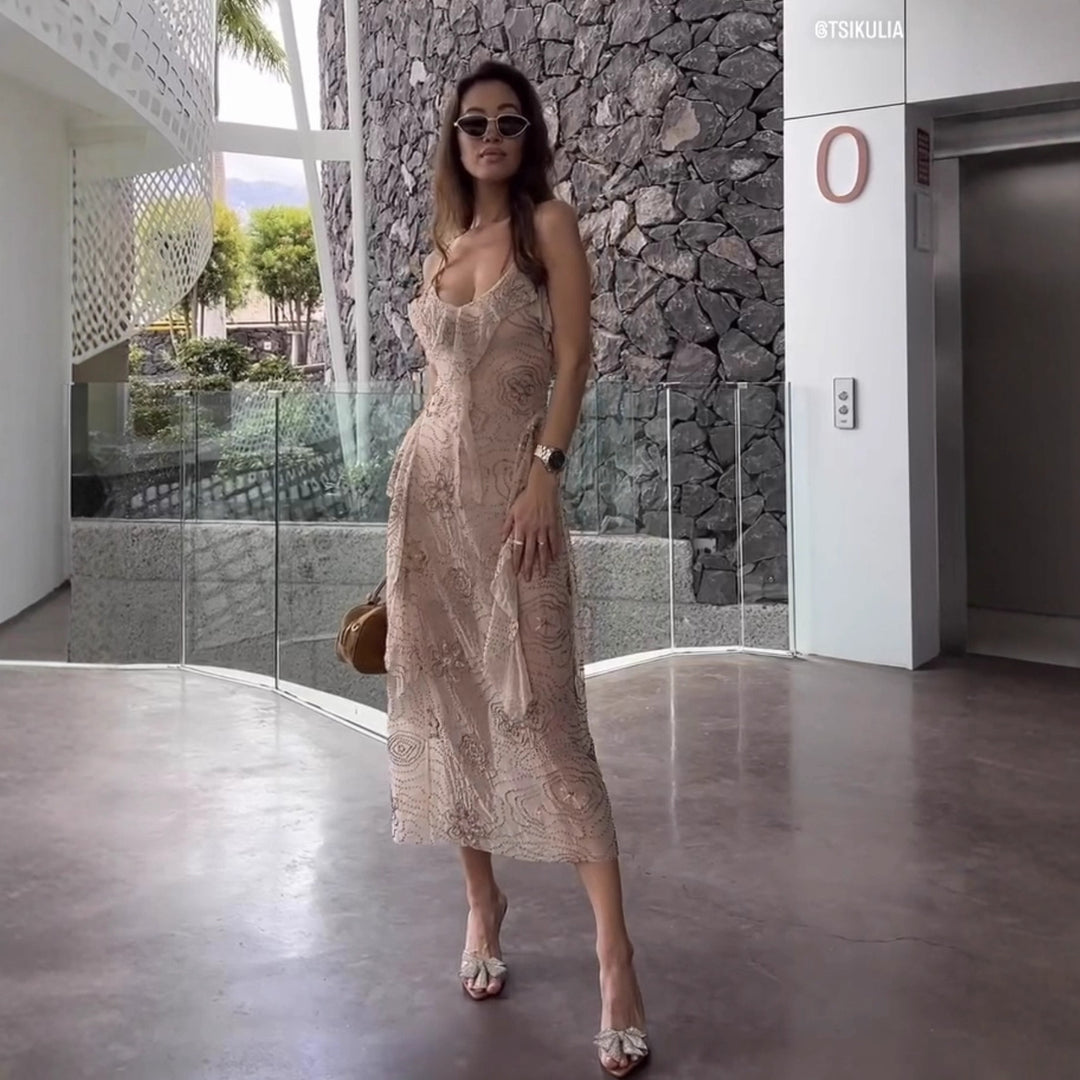 Damen Midikleid mit floralem Rüschendesign und zarten Pailletten R&B