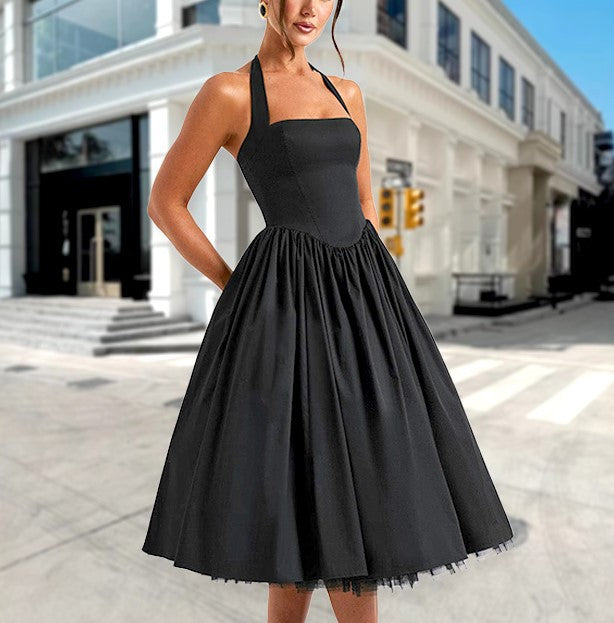 Damen Elegantes Halterneck-Kleid mit voluminösem Rock und eingearbeitetem Tüll R&B