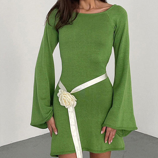 Damen lässiges Strickkleid mit weiten Ärmeln und Rundhalsausschnitt R&B