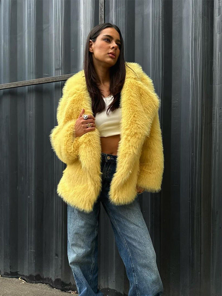 Damen flauschige Teddyjacke mit breitem Kragen und seitlichen Eingrifftaschen R&B