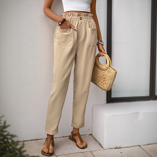 Damen lockere Stoffhose mit elastischem Bund und praktischen Taschen R&B