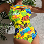 Damen Einteiler Badeanzug mit kreativem Graffiti-Muster und modernem Cut-Out