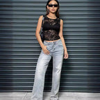 Damen nan ärmelloses bauchfreies Spitzen-Oberteil mit floralem Muster und eingearbeitetem Bustier R&B