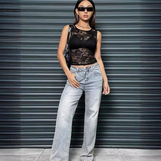 Damen nan ärmelloses bauchfreies Spitzen-Oberteil mit floralem Muster und eingearbeitetem Bustier R&B