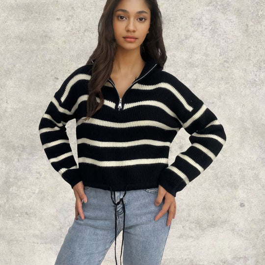 Damen Strickpullover mit halbem Reißverschluss und lässiger Übergangsstruktur R&B