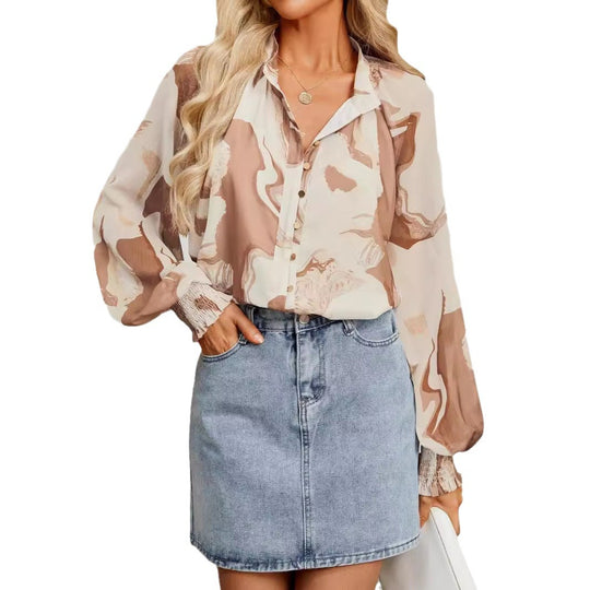 Damen Bluse mit kunstvollem Druck und geschöpften Ärmeln R&B