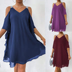 Damen schulterfreies Flatterkleid mit glitzernden Trägern R&B