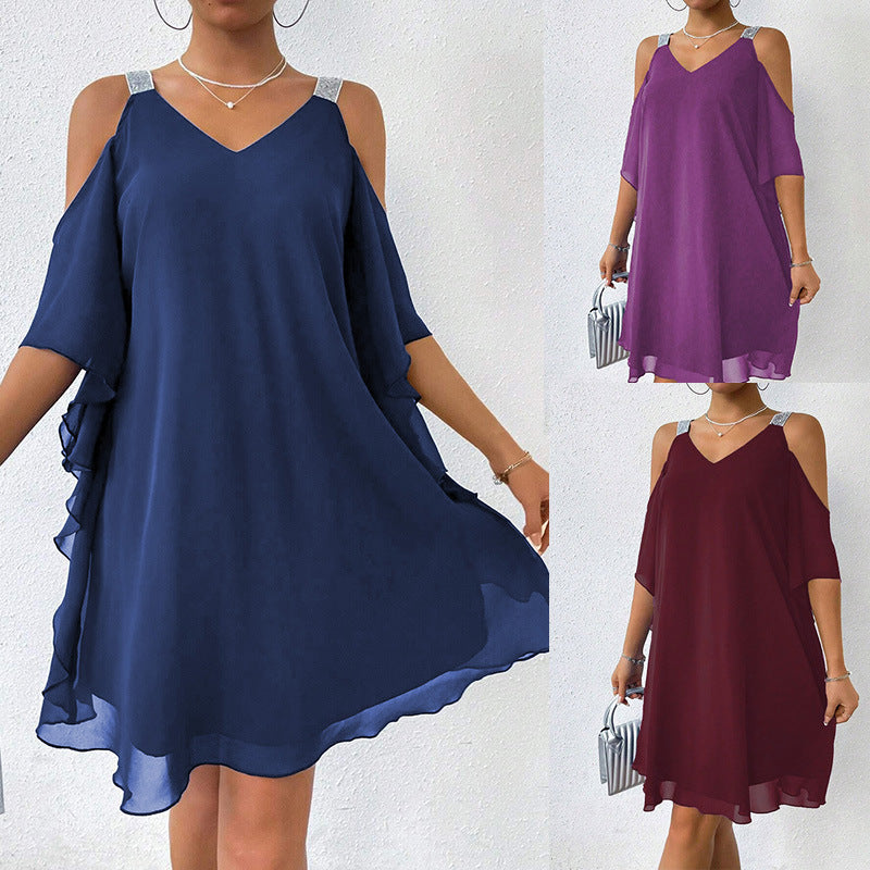 Damen schulterfreies Flatterkleid mit glitzernden Trägern R&B