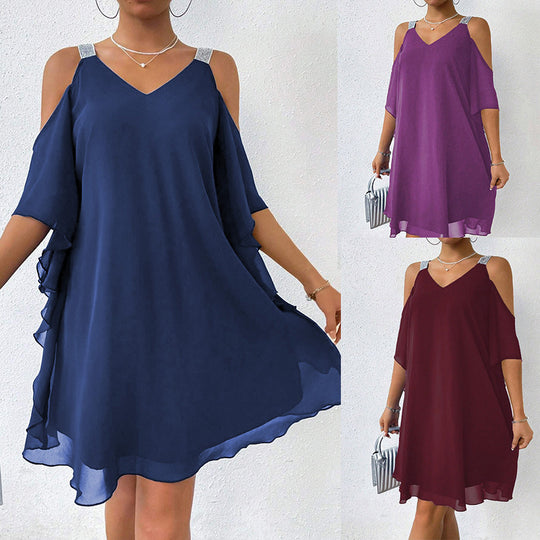 Damen schulterfreies Flatterkleid mit glitzernden Trägern R&B