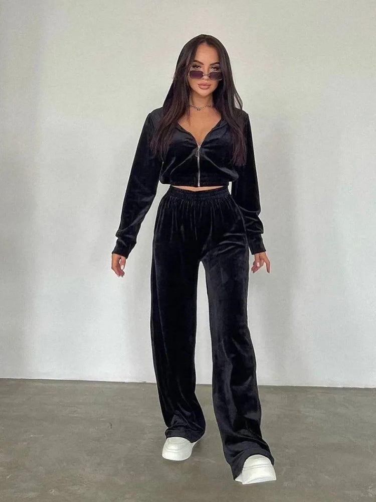 Damen Freizeit-Loungewear-Set aus samtigem Material mit hohem Kragen und Reißverschluss R&B