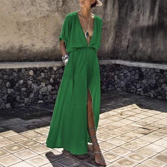 Damen Elegantes Maxikleid mit tiefem V-Ausschnitt und hohem Schlitz EB