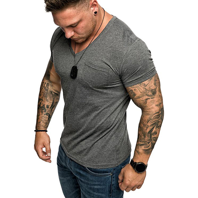 Herren V-Ausschnitt T-Shirt aus weicher Baumwolle mit Brusttasche R&B