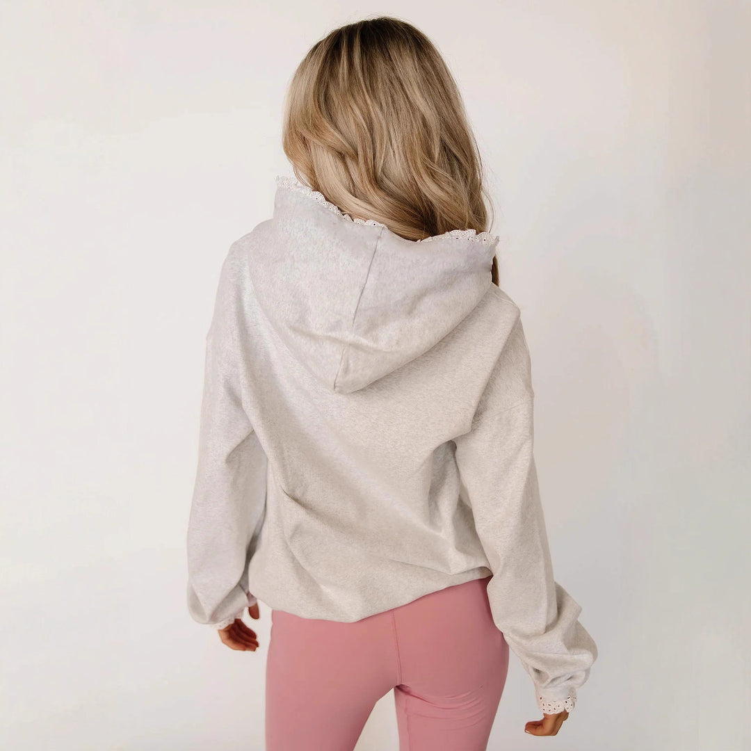Damen Kapuzenpullover mit verspieltem Spitzenrand und floralem Innenfutter R&B
