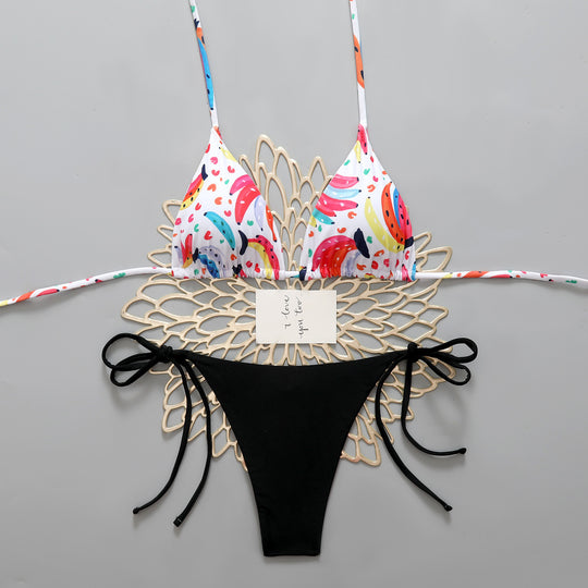 Damen Triangel-Bikini mit buntem Fruchtmuster und femininen Schleifen R&B