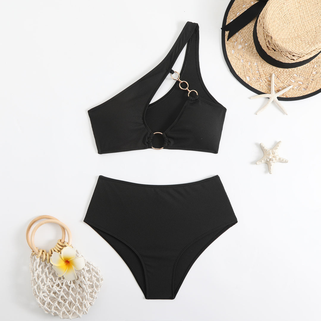 Damen Bikini-Set mit asymmetrischem Trägerschnitt und elegantem Ringdetail R&B