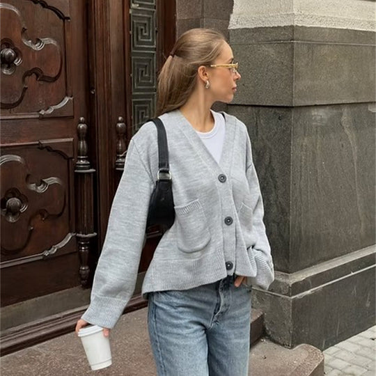 Damen lässiger Strickcardigan mit großen Taschen und Knopfverschluss R&B