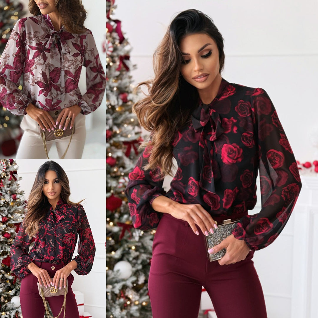 Damen Elegante Bluse mit Schleifenkragen und floralen Mustern R&B