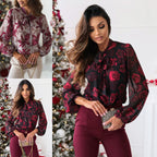 Damen Elegante Bluse mit Schleifenkragen und floralen Mustern R&B