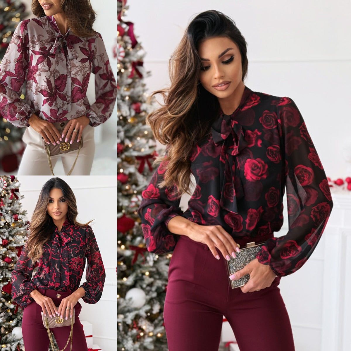Damen Elegante Bluse mit Schleifenkragen und floralen Mustern R&B
