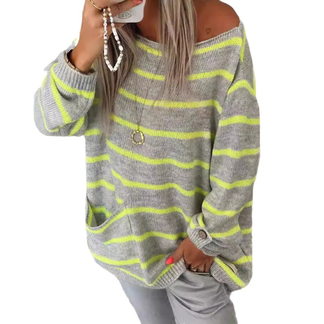 Damen lässiger Strickpullover mit elegantem Streifenmuster und praktischer Brusttasche R&B