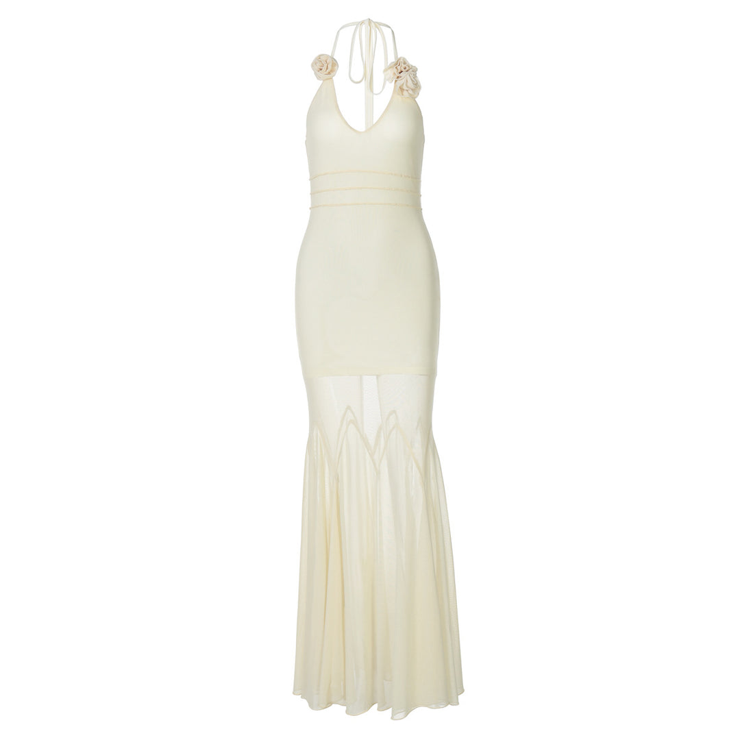 Damen Bodenlanges Kleid mit tiefem V-Ausschnitt und Blumenverzierung R&B