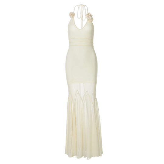 Damen Bodenlanges Kleid mit tiefem V-Ausschnitt und Blumenverzierung R&B
