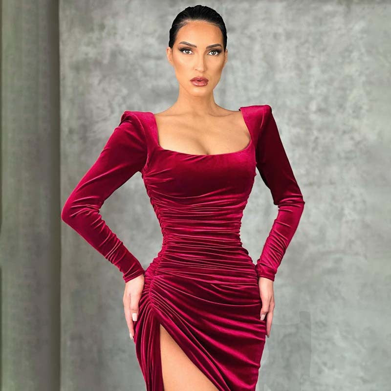 Damen elegantes Raffungskleid mit tiefem Schlitz und Puffärmeln R&B