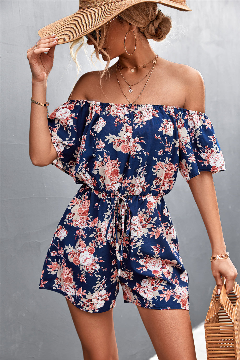 Damen Off-Shoulder Jumpsuit mit floralem Design und elastischem Taillenbund R&B