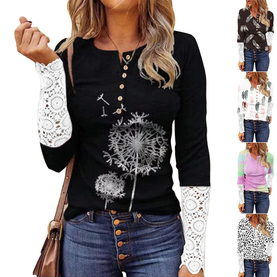Damen langärmliges T-Shirt mit Spitze und modernem Leo-Muster R&B