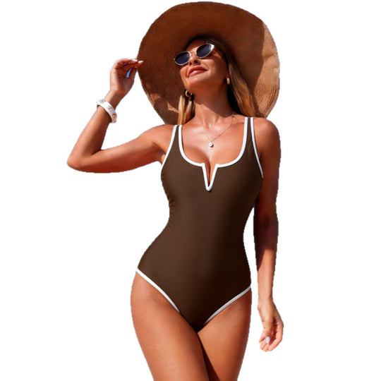 Damen sportlicher Einteiler Badeanzug mit tiefem V-Ausschnitt R&B