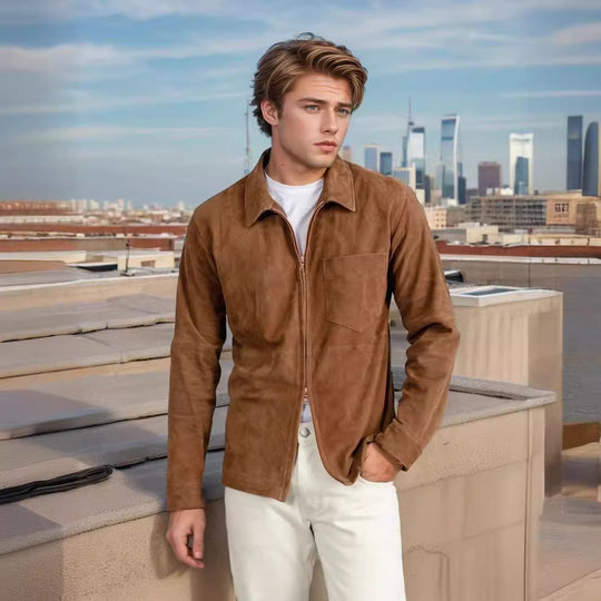 Herren modische Wildlederjacke mit Reißverschluss und Brusttasche R&B