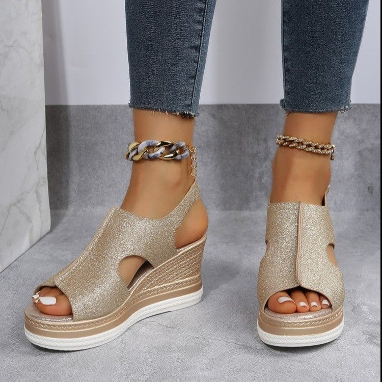 Damen Wedge-Sandalen mit glitzerndem Obermaterial und komfortablem Fußbett R&B