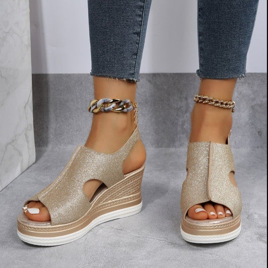 Damen Wedge-Sandalen mit glitzerndem Obermaterial und komfortablem Fußbett R&B