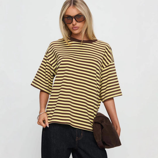 Damen gestreiftes T-Shirt mit lockerer Passform und Rundhalsausschnitt R&B