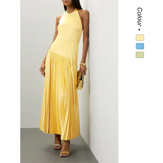 Damen Elegantes Maxi-Kleid mit fließendem Faltenrock und Halterneck-Design R&B