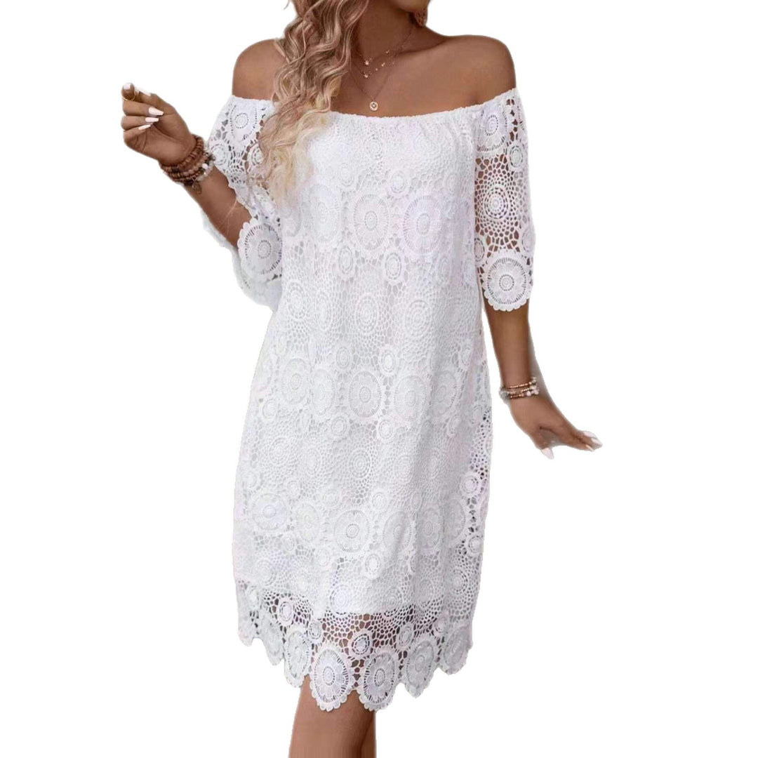 Damen nan schulterfreies Häkel-Midikleid mit Carmen-Ausschnitt und floraler Spitzenbordüre R&B