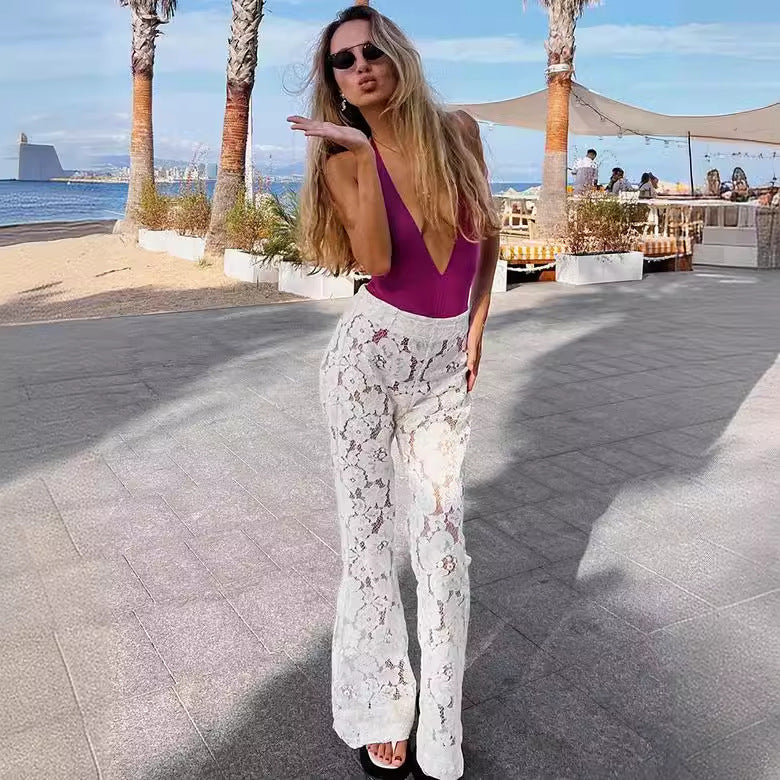 Damen Elegante Spitzenhose mit weitem Bein und floralen Details R&B