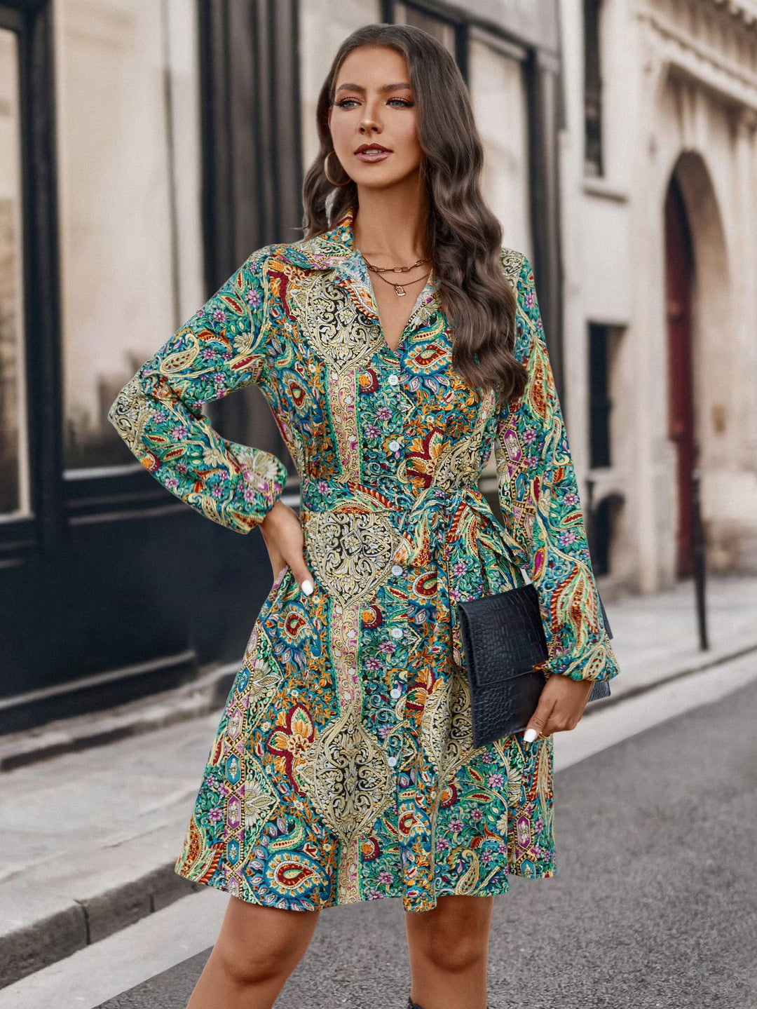 Damen Hemdblusenkleid mit buntem Paisleymuster und Gürtel R&B