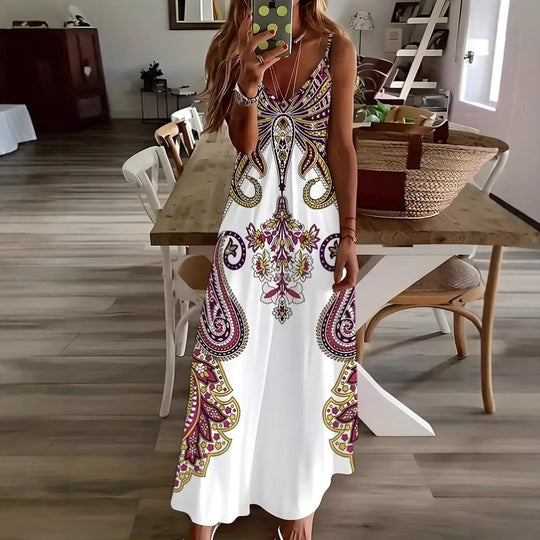 Damen Maxi-Kleid mit geschwärztem Paisley-Muster und elegantem V-Ausschnitt R&B