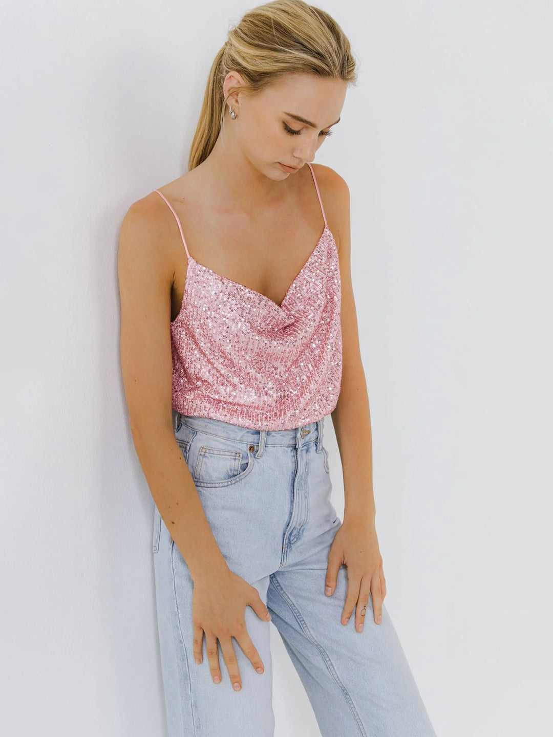 Damen Glitzerndes Spaghettiträgershirt mit V-Ausschnitt R&B