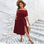 Damen Off-Shoulder Maxikleid mit eleganter Drapierung und seitlichem Schlitz R&B