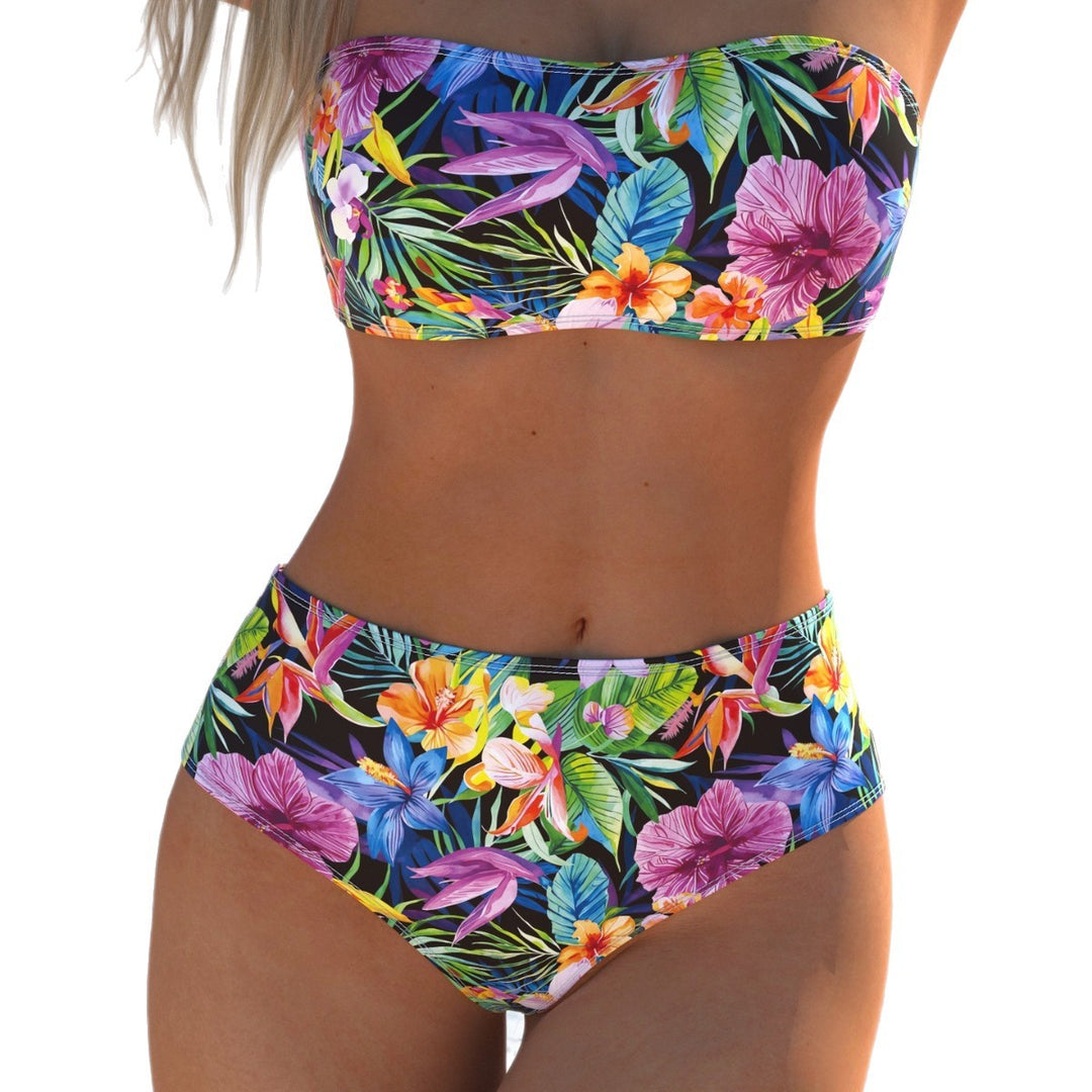 Damen Bandeau-Bikini mit hohem Taillenschnitt und buntem Tropenmotiv R&B