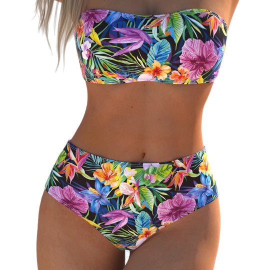 Damen Bandeau-Bikini mit hohem Taillenschnitt und buntem Tropenmotiv R&B