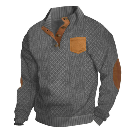 Herren nan Zopfmuster-Strickpullover mit Stehkragen Knopfleiste aufgesetzter Brusttasche und Lederoptik-Ellenbogenpatches R&B