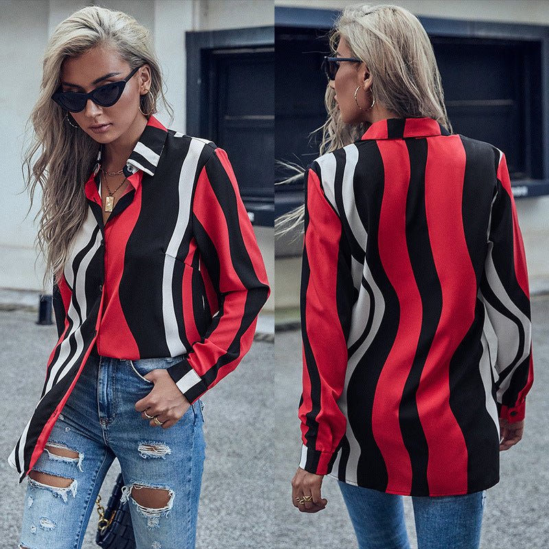 Damen Bluse im modernen Wellenmuster mit knöpfbarer Front und langen Ärmeln R&B