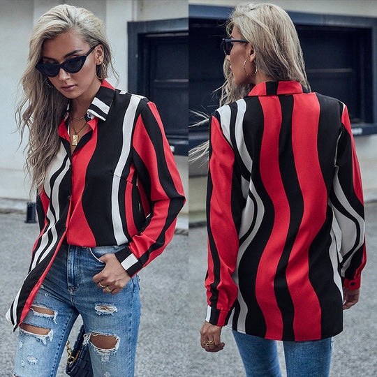 Damen Bluse im modernen Wellenmuster mit knöpfbarer Front und langen Ärmeln R&B