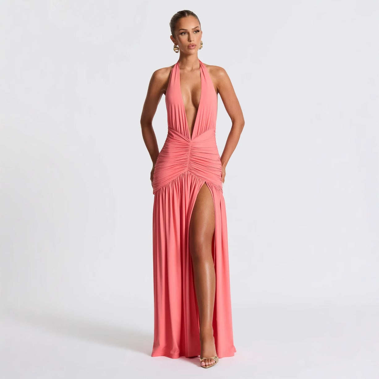 Damen Wickelkleid mit tiefem V-Ausschnitt und Raffung R&B