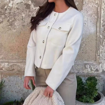 Damen elegante Bouclé-Jacke mit Knopfdetails und praktischen Taschen R&B