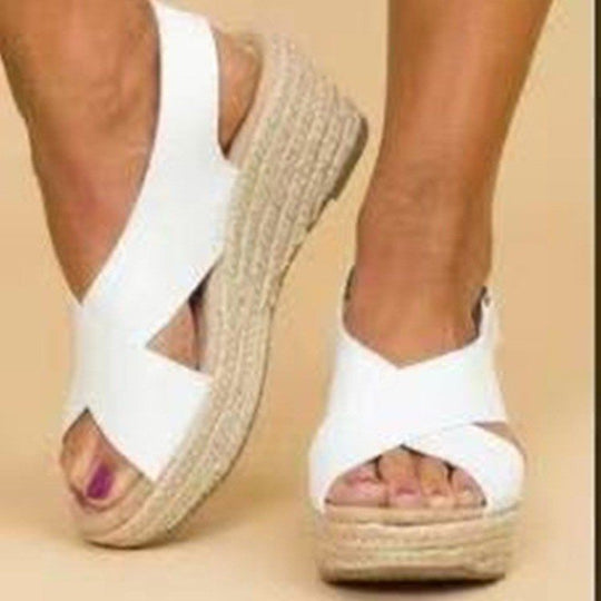 Damen Wedge-Sandalen mit Cross-Over-Riemen und juteumrandeter Sohle R&B