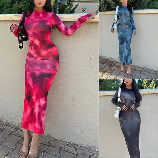 Damen Figurbetontes Langarm-Midi-Kleid mit einzigartigem Farbverlauf R&B